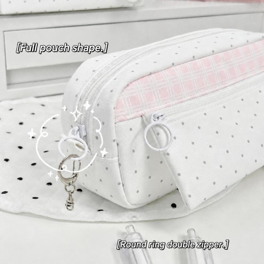 Aesthetic Large Pencil Case Pouch - Ästhetisches Polka-Dot-Karo-Federmäppchen mit großer Kapazität, tragbare